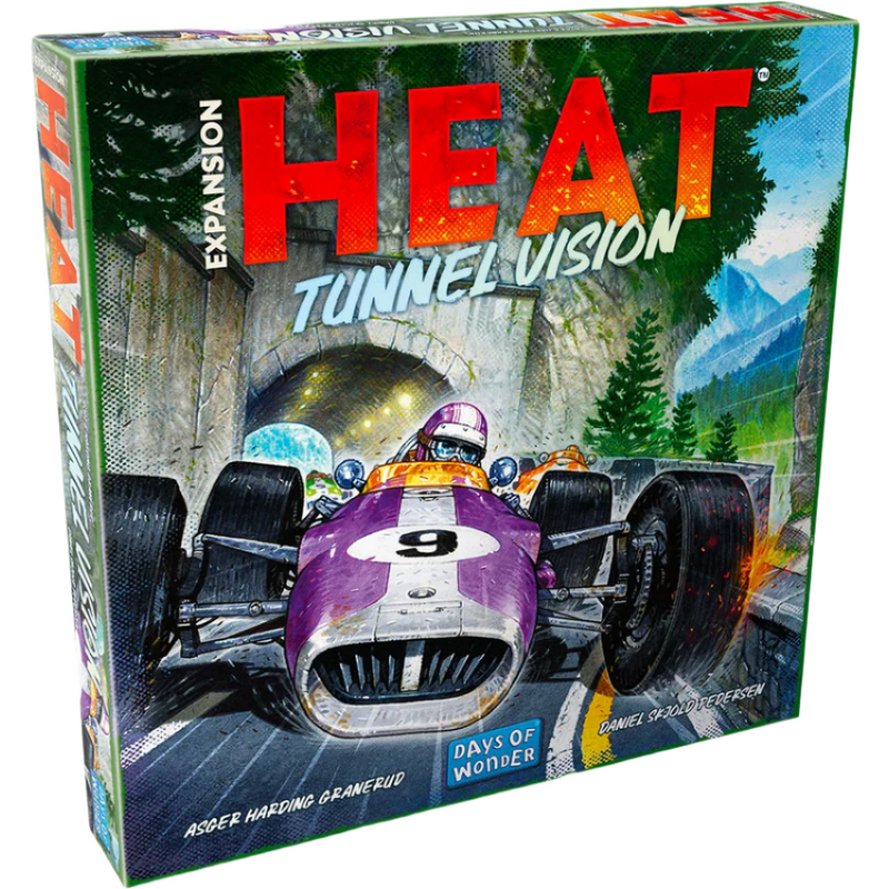The box cover for Heat: Tunnel Vision expansion shows a vintage Formula 1 race car in purple and white with number 9, speeding from a mountain tunnel. The dramatic artwork features vibrant red title text against a scenic mountain landscape background.