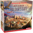 Box art for Dungeons & Dragons: Builders of Baldur's Gate board game by WizKids, showing a fantasy city with defensive walls, towers, and various buildings sprawling across a coastal landscape. The cover depicts characters overlooking the city from an elevated position, with flags and birds in the sky, illustrating the game's focus on city construction and development in the Forgotten Realms setting.