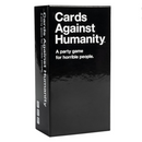 Cards Against Humanity black game box featuring white text on a sleek black background. The box displays the game's distinctive minimalist design with the title prominently featured at the top and the tagline "A party game for horrible people" below. 