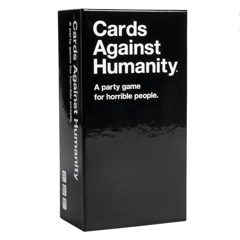 Cards Against Humanity black game box featuring white text on a sleek black background. The box displays the game's distinctive minimalist design with the title prominently featured at the top and the tagline "A party game for horrible people" below. 