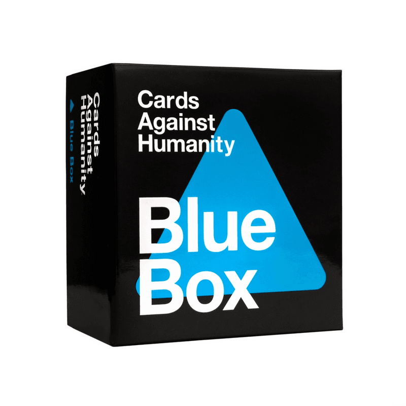 Cards Against Humanity Blue Box expansion pack featuring a black box with white text and a prominent blue triangular logo. 
