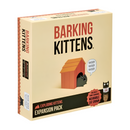 Barking Kittens expansion pack box for the Exploding Kittens card game, featuring cream-colored packaging with red and black text. The box cover shows a cartoon dog in a red doghouse saying "woof woof woof" while a black cat with a small crown observes nearby.