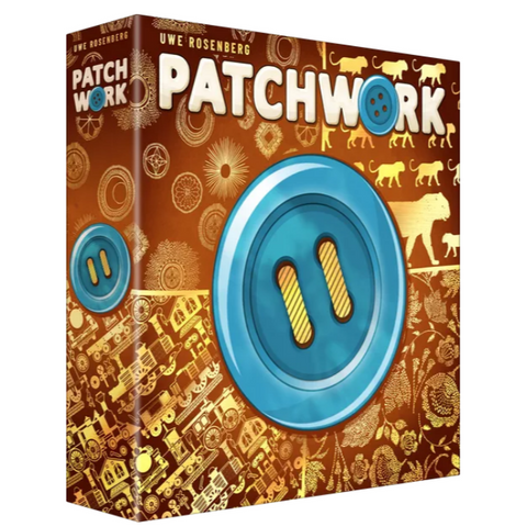 Patchwork board game box featuring a prominent blue button with two holes against a warm brown background decorated with quilting patterns. The box displays the game title 'Patchwork' in large white letters along with designer Uwe Rosenberg's name at the top. The artwork showcases various quilting motifs including farm animals, geometric shapes, and traditional quilt block designs in golden and cream tones.