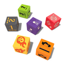 Six colorful custom dice for Thunderoad: Vendetta.  Each die has a distinct color - grey, lime green, purple, red, yellow, and orange - with unique symbols related to gameplay effects like slam, shooting, direction, stunt, road, and fire.