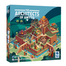 Box cover of 'The Architects of Amytis' board game showing a colorful, isometric illustration of an ancient city with terraced gardens, waterways, and pyramidal structures. The vibrant artwork depicts small figures in period clothing exploring the multi-level city complex, with palm trees and architectural elements rendered in a stylized, digital art style.