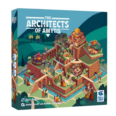 Box cover of 'The Architects of Amytis' board game showing a colorful, isometric illustration of an ancient city with terraced gardens, waterways, and pyramidal structures. The vibrant artwork depicts small figures in period clothing exploring the multi-level city complex, with palm trees and architectural elements rendered in a stylized, digital art style.