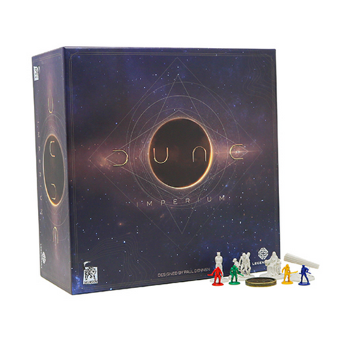 Dune: Imperium Deluxe Upgrade Pack board game box featuring a cosmic purple and gold design with geometric patterns and the Dune logo prominently displayed. 