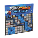 RoboRally Wet & Wild expansion box showing a game board with blue water hazards and mechanical conveyor belt paths. The board features a grid layout with gray industrial tiles, bright blue water sections, and various robotic obstacles scattered throughout. The packaging displays the distinctive RoboRally logo with orange and metallic styling against a blue background.