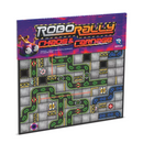 RoboRally Chaos & Carnage expansion game board showing a complex factory floor layout with winding green conveyor belt paths, hazard markings, and various robotic obstacles. The board features a grid-based design with gray industrial tiles, colorful track segments, and special elements like teleporters and crushers scattered throughout the maze-like course. 