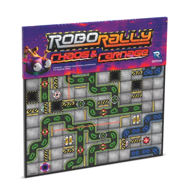 RoboRally Chaos & Carnage expansion game board showing a complex factory floor layout with winding green conveyor belt paths, hazard markings, and various robotic obstacles. The board features a grid-based design with gray industrial tiles, colorful track segments, and special elements like teleporters and crushers scattered throughout the maze-like course. 