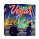 The box cover featuring a vibrant neon-lit Vegas skyline with colorful casinos and buildings against a blue background. Two figures in suits stand in the foreground examining blueprints, while the title Lords of Vegas appears in bright illuminated lettering above the skyline scene.