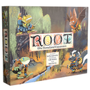 The box cover for "Root: The Homeland Expansion," showing animal characters in a woodland setting with decorative title text. The illustrated characters include a frog, a bat, and a skunk, all equipped with adventuring gear against a lush forest background.