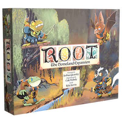 The box cover for "Root: The Homeland Expansion," showing animal characters in a woodland setting with decorative title text. The illustrated characters include a frog, a bat, and a skunk, all equipped with adventuring gear against a lush forest background.