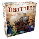 Box cover art featuring a vintage-style illustration of a steam locomotive and period-dressed characters from the golden age of rail travel. The box art displays four characters in early twentieth century attire in blue, yellow, green, and purple outfits surrounding a prominent steam engine, all set against a sepia-toned background with mechanical gear elements. The Days of Wonder publisher logo appears in the bottom right corner.