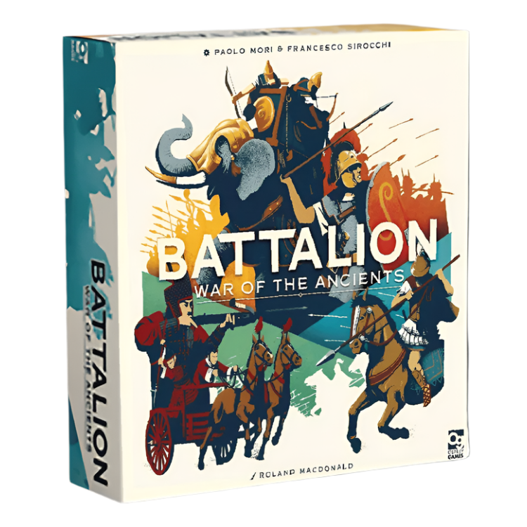 Board game box showing colorful artwork of ancient warriors in battle including elephants, cavalry, and infantry from different historical factions. The box features a dynamic illustration with soldiers wielding spears, shields, and other ancient weapons in vibrant blues, oranges, and reds. The game's title is prominently displayed in large white letters across the center of the action-packed battle scene.