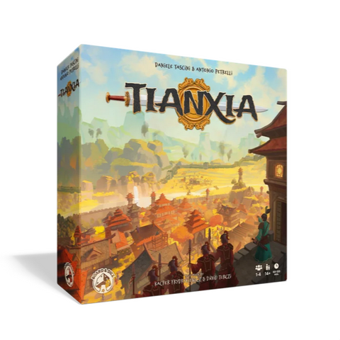 Tianxia board game box featuring artwork of an ancient Chinese city with traditional architecture, mountains, and golden sunset lighting. The game box displays the title 'Tianxia' prominently at the top with ornate decorative elements.