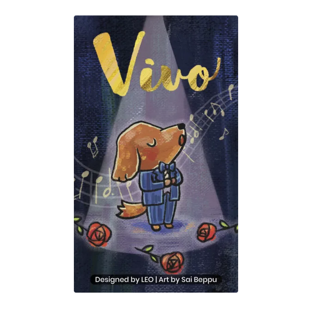 Board game box with a dog in a suit, spotlight, and 'Vivo' text on a dark background