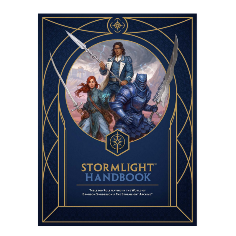 Cover of 'Stormlight Handbook' with characters and decorative elements on a blue background