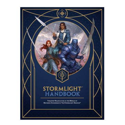 Cover of 'Stormlight Handbook' with characters and decorative elements on a blue background