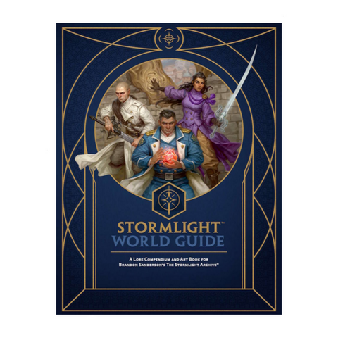 Book cover of 'Stormlight World Guide' with characters and decorative elements on a blue background