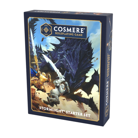 Cosmere Roleplaying Game Stormlight Starter Set packaging with a large creature in battle with two armored sword fighters. 