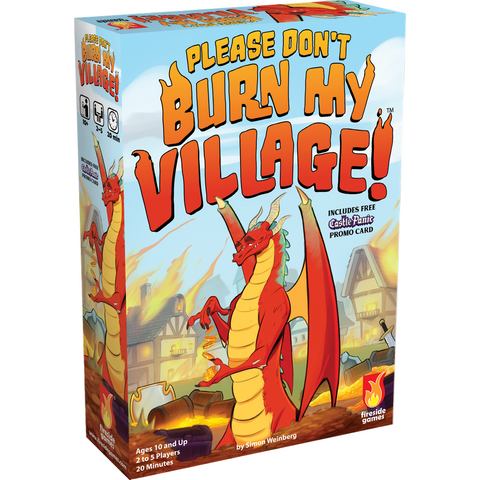 Board game box for Please Don't Burn My Village featuring a red dragon surrounded by gold in front of a burning village.