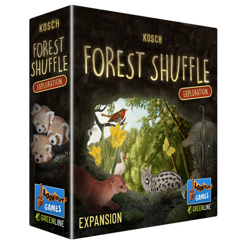 Board game expansion box titled 'Forest Shuffle' with animal illustrations on a dark background.