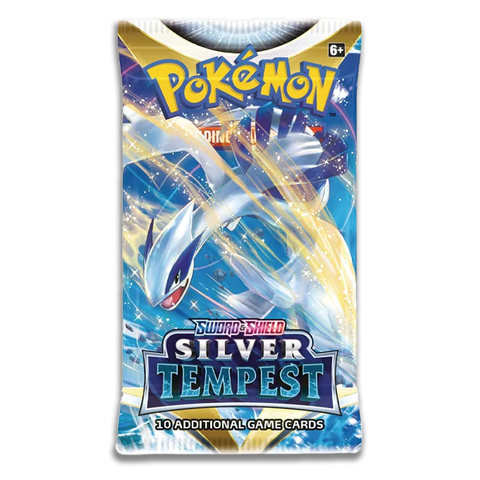 A Pokémon Sword & Shield Silver Tempest booster pack featuring a dynamic Lugia Pokémon against a blue background with golden energy streams. The package displays the distinctive Pokémon logo at the top.