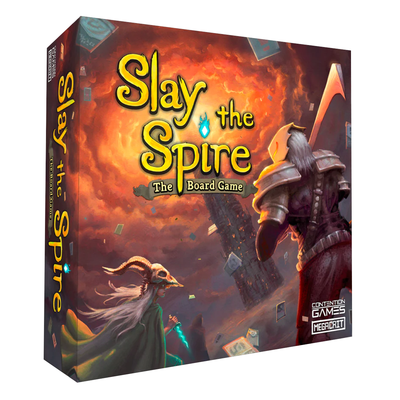 Box art for Slay the Spire: The Board Game showing the game's title in yellow lettering against a fiery orange background. The illustration features two characters - a warrior with a scythe on the right and a hooded figure with horns on the left - with playing cards floating around them in a mystical scene. Published by Contention Games and MegaCrit, this cooperative deck-building board game is packaged in a standard square game box.