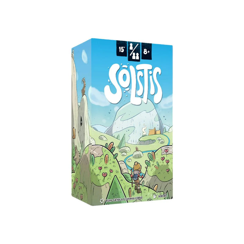 Box cover of Solstis board game showing a whimsical mountain landscape with vibrant blue skies and green hills. The colorful illustration features a small character walking along a path with heart-shaped flowers and rocky terrain.