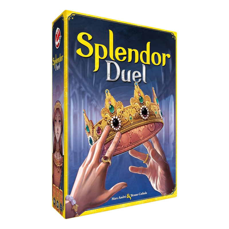 Splendor Duel board game box featuring an ornate golden crown being held by elegant hands against a blue gradient background. The box displays the game's distinctive yellow and blue color scheme with decorative baroque-style artwork. Two player portraits are visible on the left side of the packaging, emphasizing this as a two-player strategic card game.