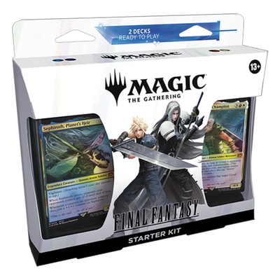 The white retail packaging displays character artwork featuring Sephiroth and Cloud from Final Fantasy VII, along with visible sample cards including 'Sephiroth, Planet's Heir'. 