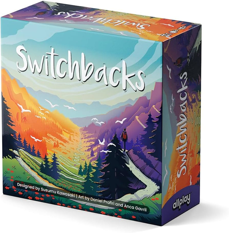 Box art for "Switchbacks" featuring a vibrant mountain landscape with winding paths. The colorful illustration shows purple and orange mountains with pine trees, a small hiker figure on a trail, and flying birds against a blue sky.