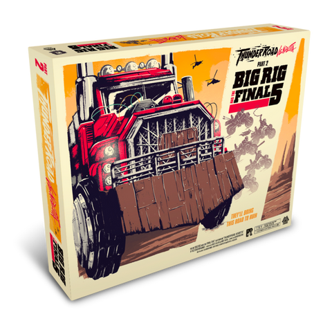 Thunderroad Vendetta Big Rig Finale expansion box showing a dramatic red semi-truck with an armored front plow charging through a desert wasteland. The box features bold orange and yellow colors with post-apocalyptic artwork depicting the massive truck kicking up dust clouds. The "Big Rig Finale" title is prominently displayed in white text against the action-packed scene.