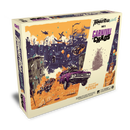 Thunder Road: Vendetta Carnival of Chaos expansion board game box featuring dynamic artwork of armored vehicles racing through a post-apocalyptic carnival arena with explosions and debris. The box art displays a chaotic scene with purple and orange vehicles jumping over carnival rides and structures amid flying sparks and destruction. The packaging shows "Thunder Road" branding at the top with "Carnival of Chaos" prominently displayed in purple lettering.