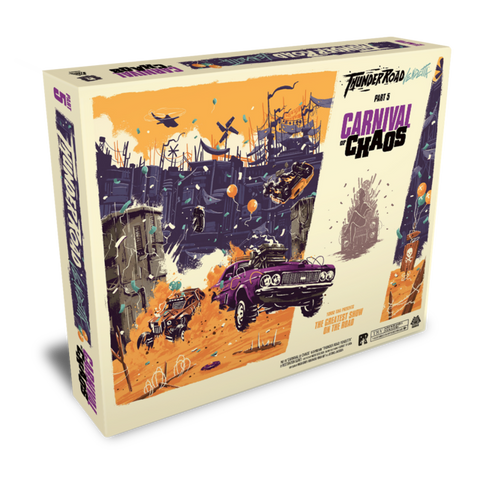 Thunder Road: Vendetta Carnival of Chaos expansion board game box featuring dynamic artwork of armored vehicles racing through a post-apocalyptic carnival arena with explosions and debris. The box art displays a chaotic scene with purple and orange vehicles jumping over carnival rides and structures amid flying sparks and destruction. The packaging shows "Thunder Road" branding at the top with "Carnival of Chaos" prominently displayed in purple lettering.