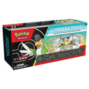 "Pokémon Trading Card Game Trainer's Toolkit box featuring Farfetch'd evolution Sirfetch'd as the mascot character on a black and teal package design. The box prominently displays 'Trainer's Toolkit' with the tagline 'Everything You Need to Build a Powerful Deck!' and shows sample Pokémon cards including Tadbulb and Squawkabilly ex.