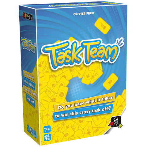 TaskTeam board game box featuring a vibrant blue and yellow design with the game title prominently displayed in playful white lettering. The box shows scattered yellow task cards across a swirling blue background.