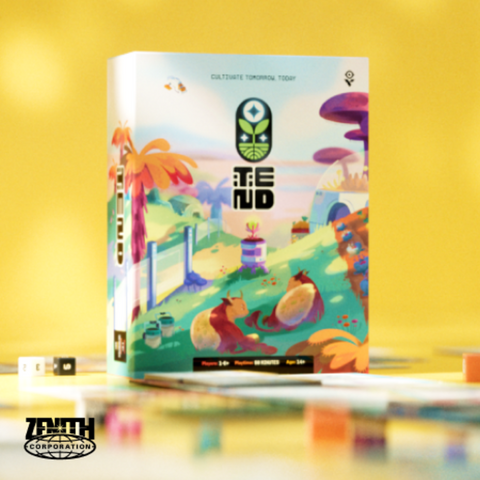Tend board game box featuring colorful alien landscape artwork with fantastical mushroom-like structures, rolling hills, and whimsical creatures in vibrant blues, greens, and oranges. The box displays the distinctive Tend logo with an eye-like symbol above stylized lettering against the scenic alien world backdrop. 