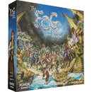 The FOG: Escape from Paradise board game box featuring dramatic artwork of panicked islanders fleeing across wooden docks toward sailing ships. The fantasy-style illustration shows a large group of people in medieval or fantasy clothing rushing across rickety wooden platforms and bridges over water, with sailing vessels waiting in the background. 