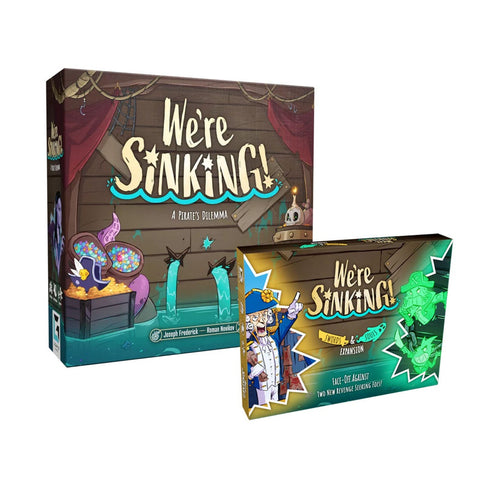 Board game 'We're Sinking: A Pirate's Dilemma' box alongside its expansion 'Swords & Souls'. The main game box features a nautical pirate theme with wooden planks, treasure chest, and water seeping in, while the expansion box showcases new factions with colorful character artwork.