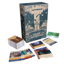 Earthborne Rangers Legacy of the Ancestors campaign expansion box and contents displayed against a white background. The large box features fantasy artwork with towering stone structures, flowing water, and a mystical forest landscape in blue and tan colors.