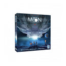 From the Moon board game box featuring dramatic space artwork with a large spacecraft hovering over a lunar surface. The box shows silhouettes of astronauts standing on the moon's surface with Earth visible in the background, all rendered in deep blues and metallic tones. The game's title appears prominently in white lettering at the top of the box art.