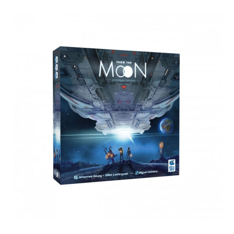 From the Moon board game box featuring dramatic space artwork with a large spacecraft hovering over a lunar surface. The box shows silhouettes of astronauts standing on the moon's surface with Earth visible in the background, all rendered in deep blues and metallic tones. The game's title appears prominently in white lettering at the top of the box art.