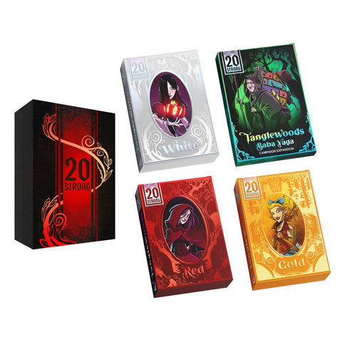20 Strong board game collection showing the core game box and four expansion packs arranged against a white background. The main core box features dramatic red and black artwork with ornate decorative elements, while the four smaller expansion boxes display distinct color schemes - white, red, gold, and green - each featuring character portraits in oval frames. 