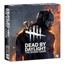 "Box art for Dead by Daylight: The Board Game, featuring the silhouette of a menacing killer character with a hook-like weapon against a dark background with flames. The game box prominently displays the iconic Dead by Daylight logo with five white tally marks.