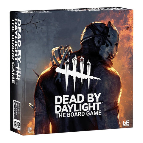 "Box art for Dead by Daylight: The Board Game, featuring the silhouette of a menacing killer character with a hook-like weapon against a dark background with flames. The game box prominently displays the iconic Dead by Daylight logo with five white tally marks.
