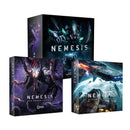 Three Nemesis board game boxes arranged in a display showing the core game and two expansions with dramatic sci-fi horror artwork. The main Nemesis box features a menacing alien creature with sharp claws and teeth against a dark background, while the Void Seeders expansion shows a red and purple alien threat, and the Aftermath expansion depicts a spaceship scene. All boxes feature the distinctive Nemesis branding with bold white lettering and are published by Awaken Realms.