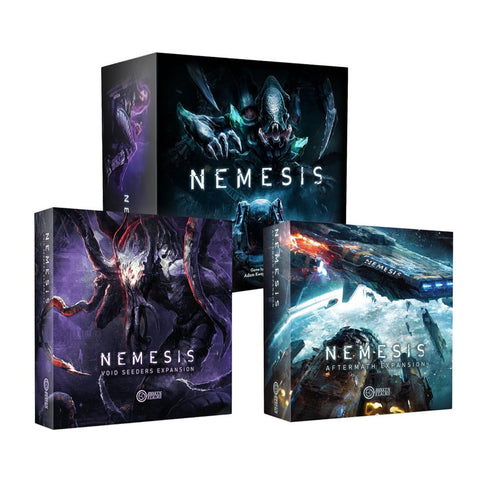 Three Nemesis board game boxes arranged in a display showing the core game and two expansions with dramatic sci-fi horror artwork. The main Nemesis box features a menacing alien creature with sharp claws and teeth against a dark background, while the Void Seeders expansion shows a red and purple alien threat, and the Aftermath expansion depicts a spaceship scene. All boxes feature the distinctive Nemesis branding with bold white lettering and are published by Awaken Realms.