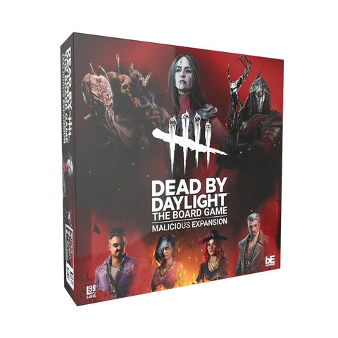 Dead by Daylight: The Board Game Malicious Expansion box featuring horror-themed artwork with killers and survivors against a dark red background. The box shows menacing creatures including a decaying figure with spikes and a hooded character, alongside four survivor characters at the bottom. The distinctive Dead by Daylight logo with dripping white text is prominently displayed in the center of the dramatic horror movie poster-style packaging.